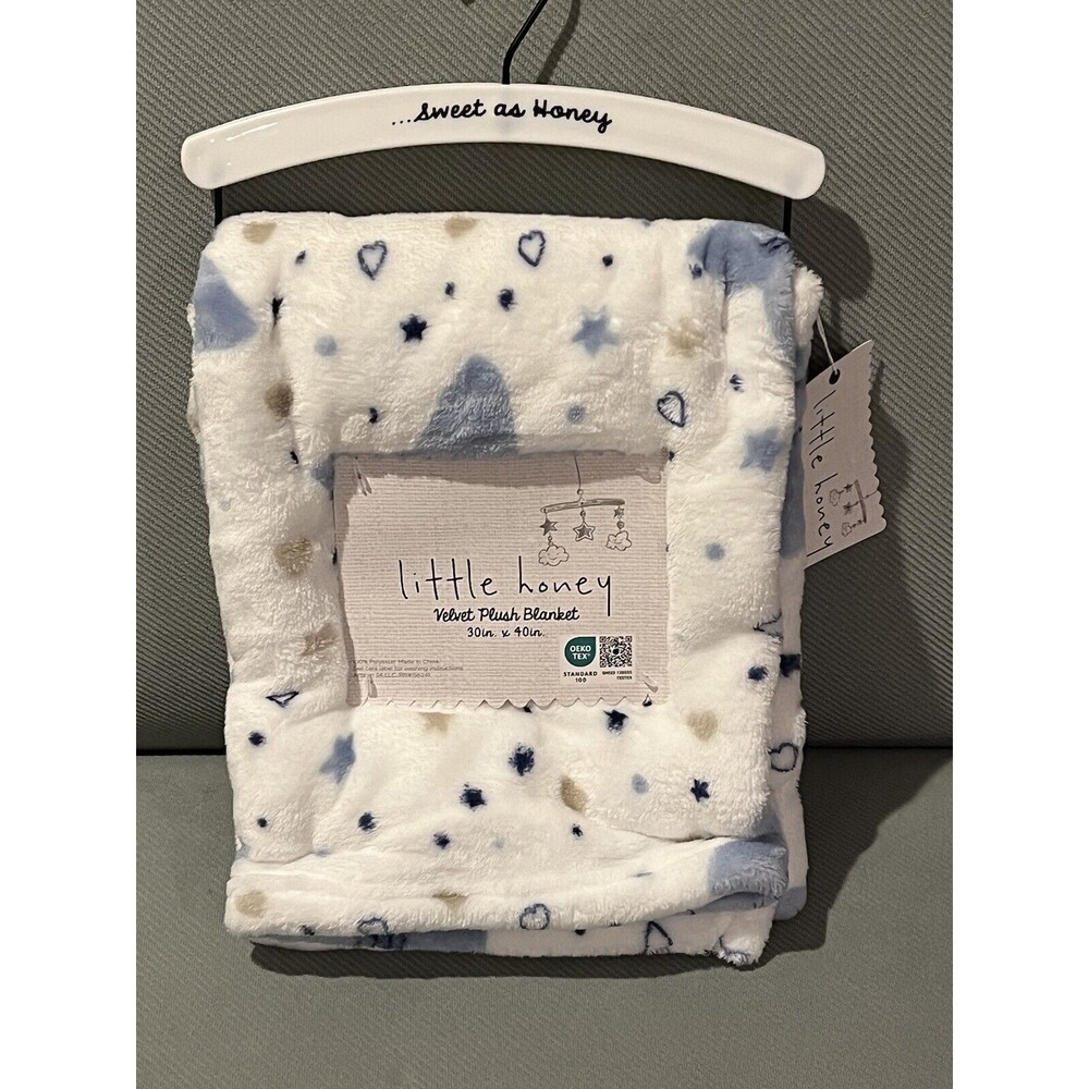 Little Honey Velvet Plush Baby Blanket Blue Stars Boys Lightweight White New